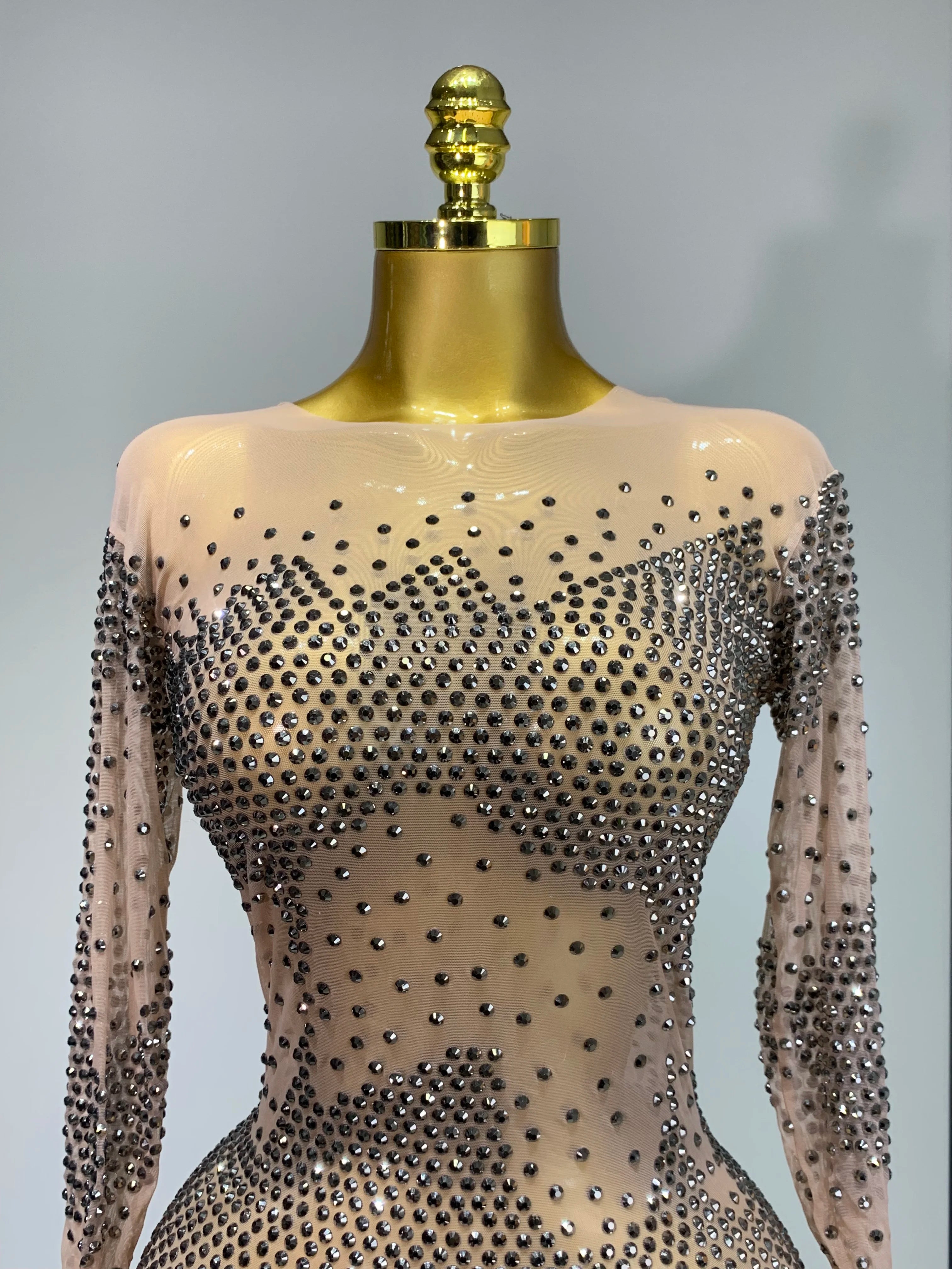 Luxury Birthday Rhinestones Half Sleeve Transparent Mini Dress Women 2025 Sexy Mesh Stretch Performance Celebrity Stage Wear