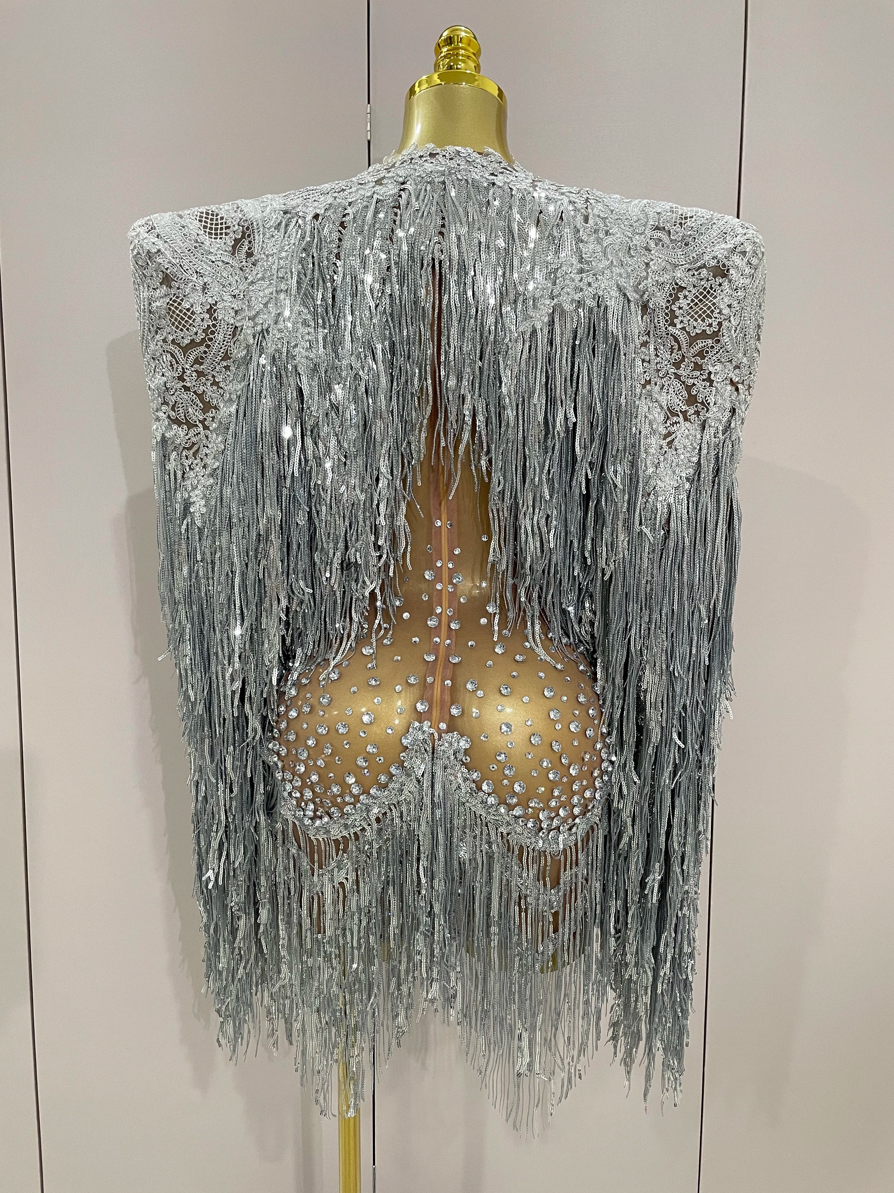 2025New Arrival Luxury Sparkly Rhinestone Sequin Tassel Coat Skirt 2Pcs Women Birthday Party Nightclub Stage Performance Costume