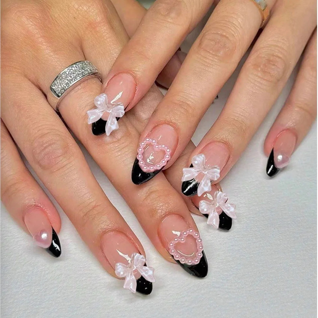 Black French Tips Press on Nails 3D White Bowknot Alloy Stars Designs Fake Nails Ballet Charms False Nails Korean Manicure 24Pcs