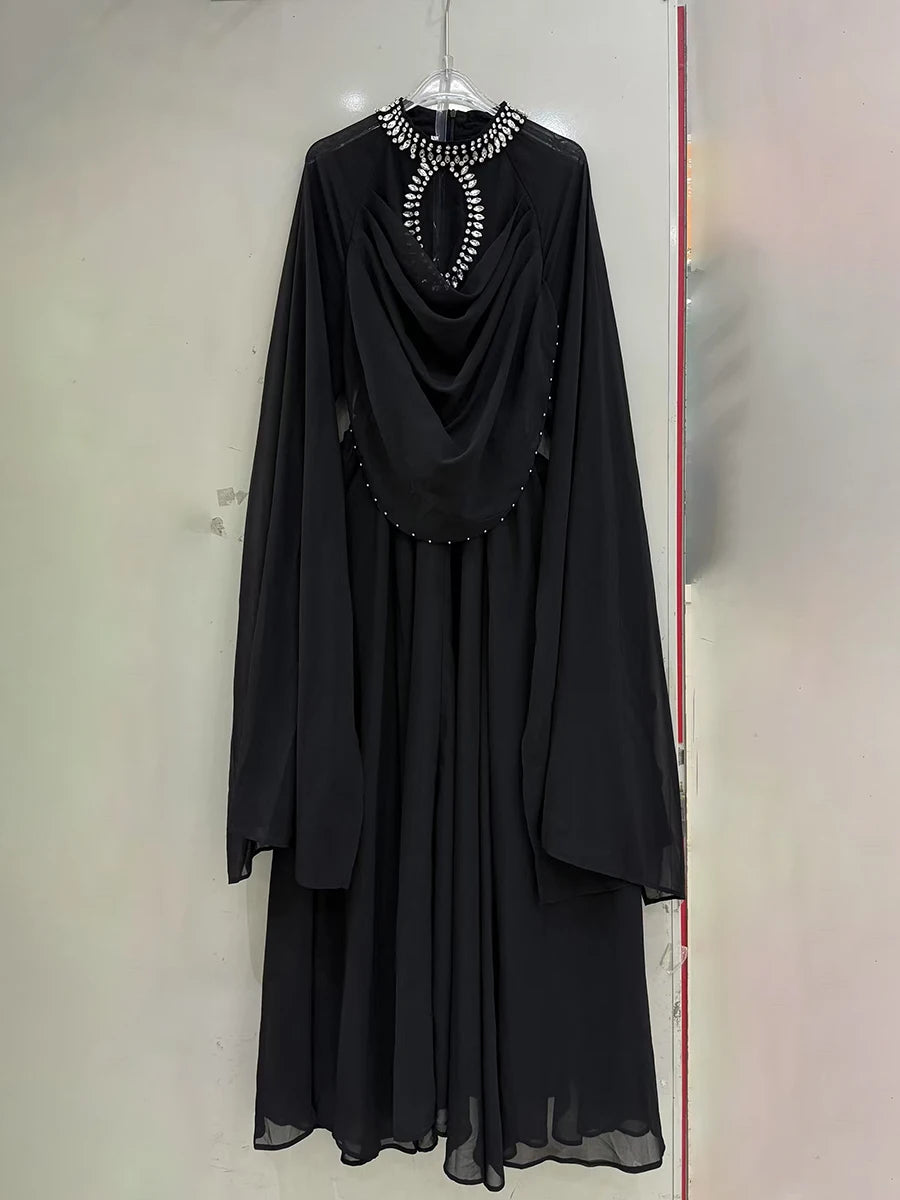 TWOTWINSTYLE Solid Loose Sheer Spliced Bead Elegant Dresses for Women High Neck Long Sleeves Patchwork Folds Dress Female New