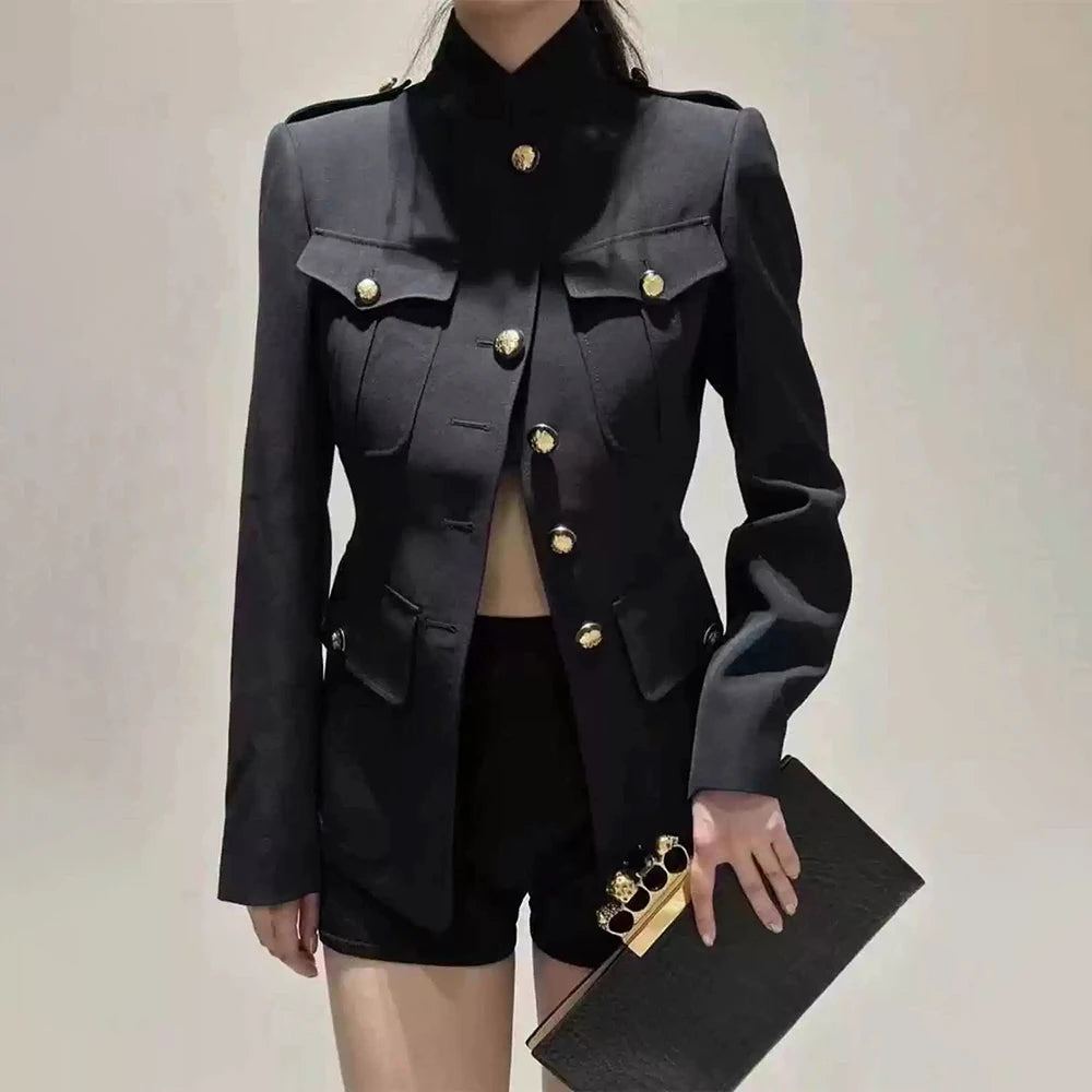 TWOTWINSTYLE Colorblock Casual Coats For Women Stand Collar Long Sleeve Patchwork Single Breasted Chic Jackets Female Clothing