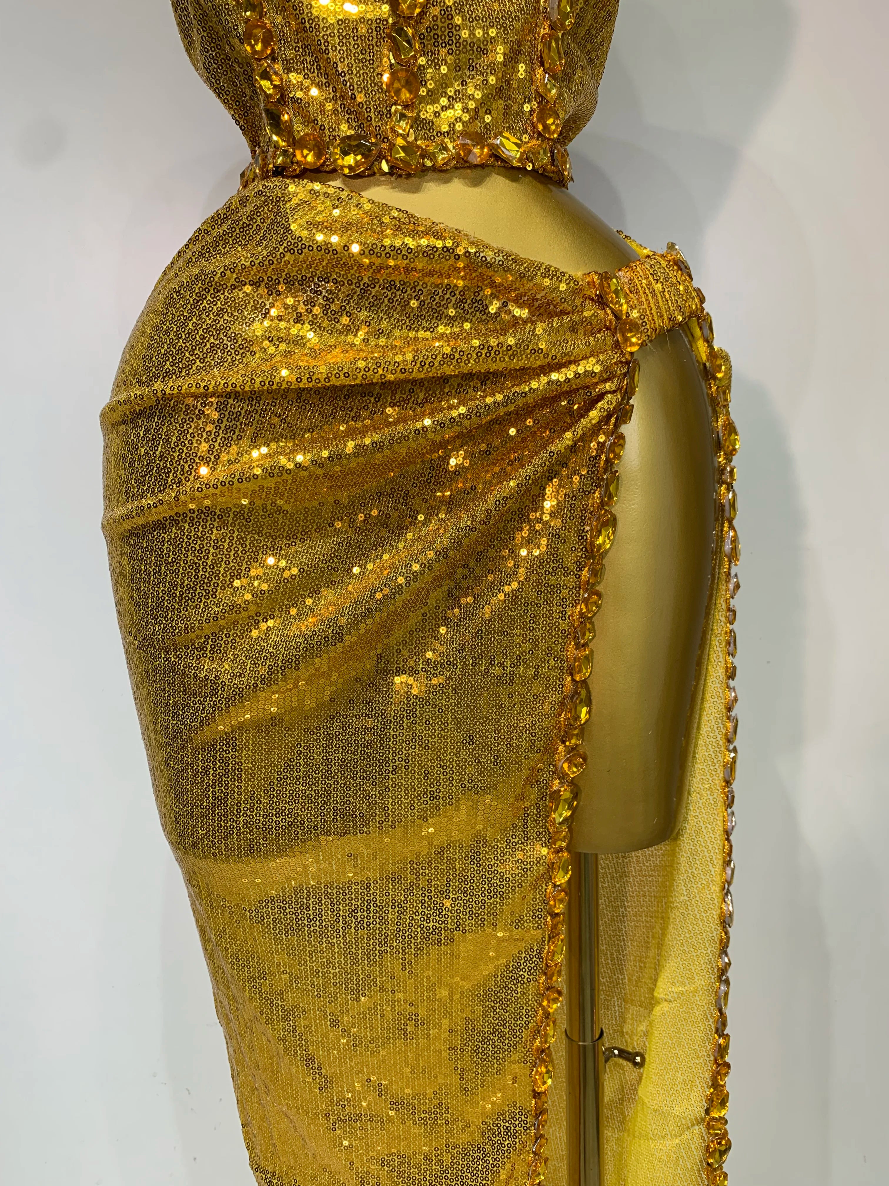 Women Sparkly Gold Rhinestones Top Long Skirt Two Pieces Set Singer Dancer Performance Costume Nightclub Luxury Birthday Dress