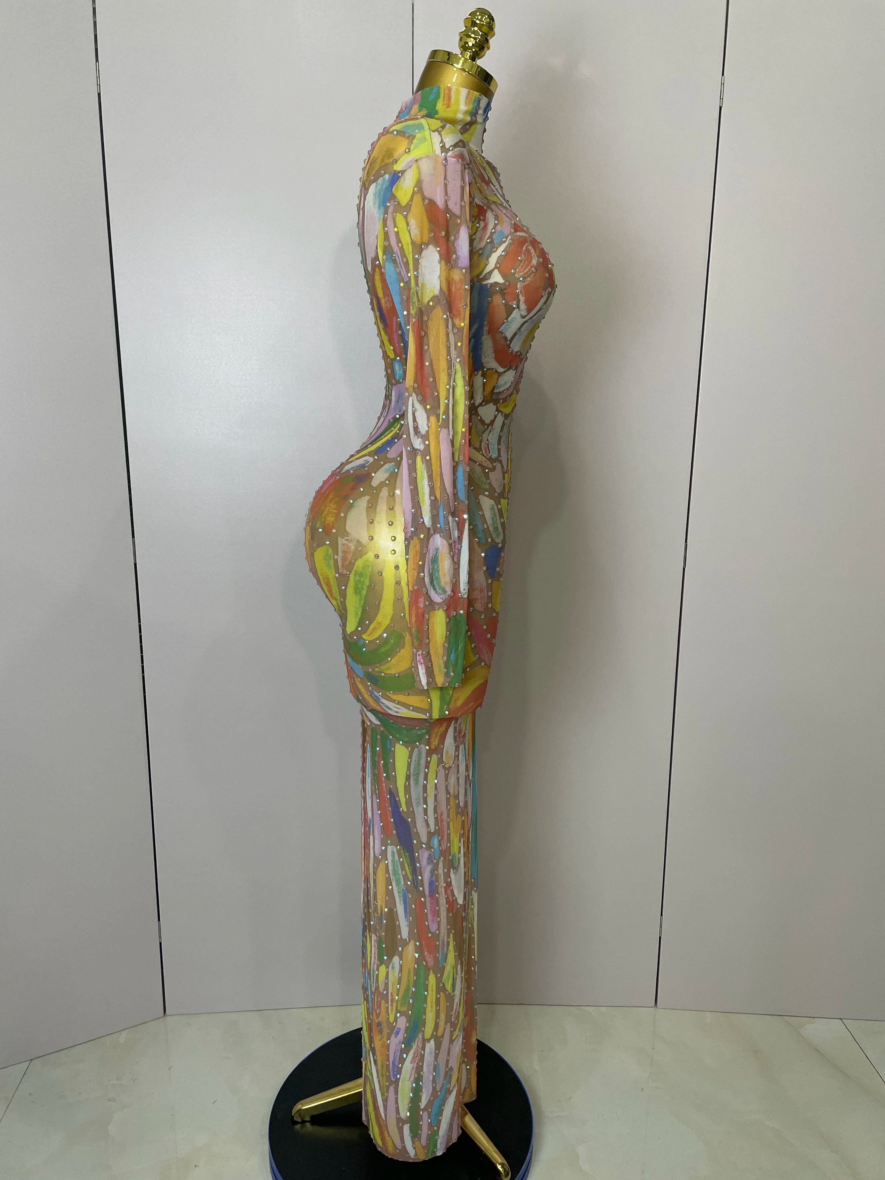 Sparkle Rhinestone High Neck Colorful Printed Long Dress 2025Women Sexy Evening Birthday Celebrate Stage Performance Costume