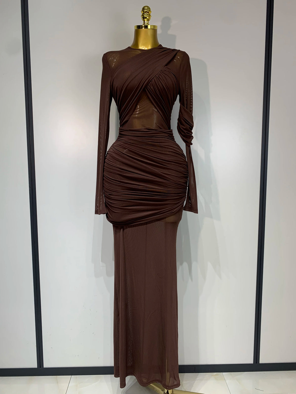 Elegant Mesh Fold Long Sleeve Bodycon Dress Women 2025 Evening Party Club Sexy Perspective Fashion Luxury Birthday Dresses