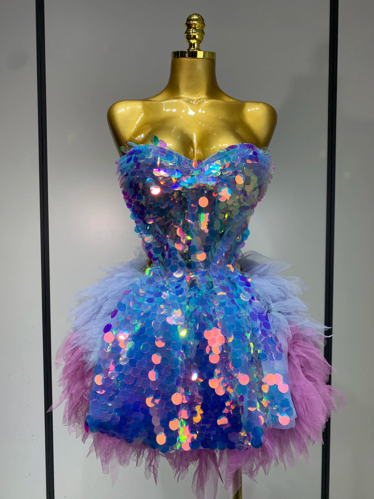 Sparkly Sequins Ruffles Two Pieces Set Sexy Backless Top Skirt Set Nightclub Performance Dance Dress Singer Stage Outfit