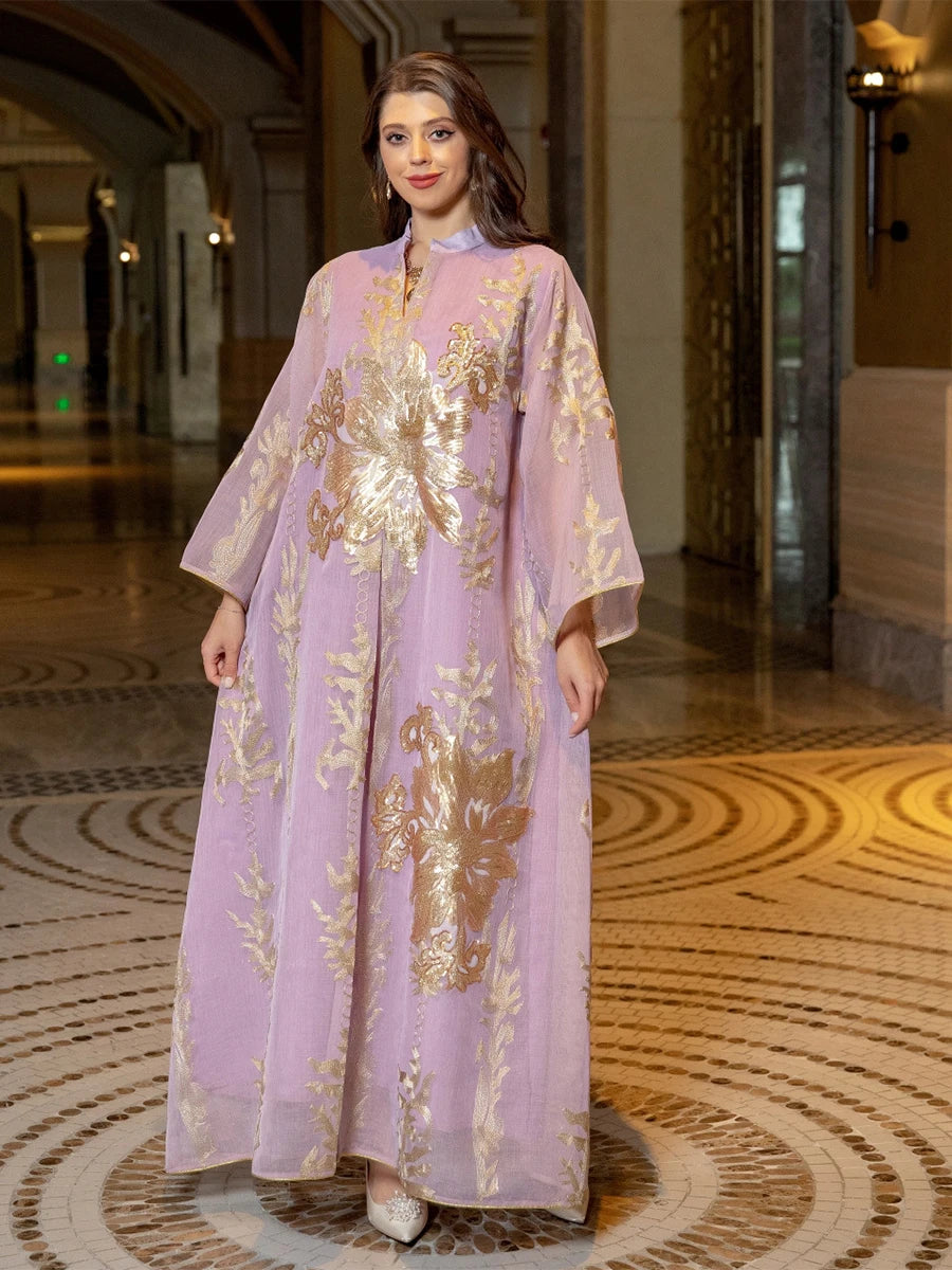 Sequins Embroidered Abaya Dress For Women Moroccan Kaftan Turkey Arabic Jalabiya White Islamic Ethnic Robe 2023 Eid New Light Pink Dress