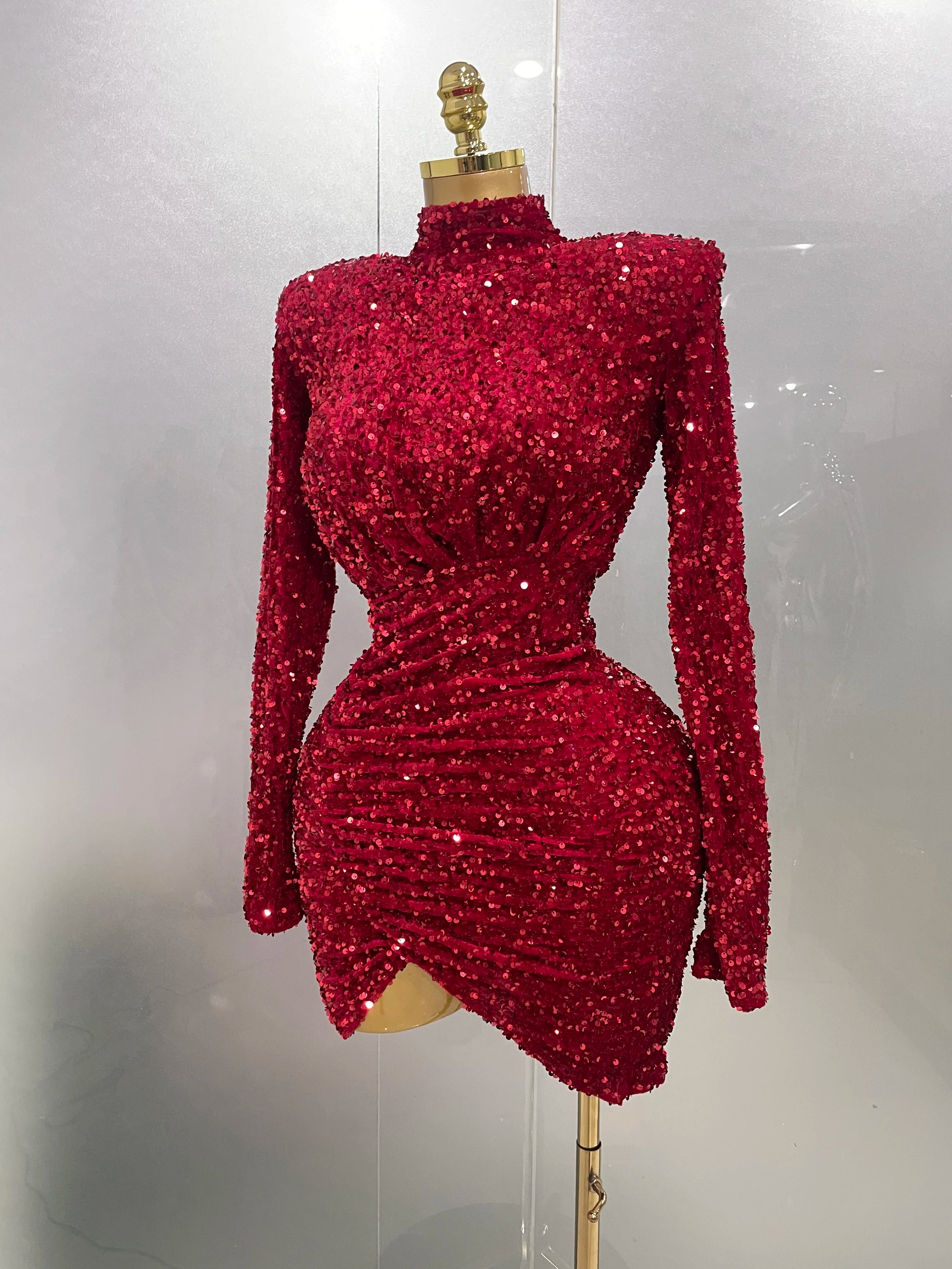 Sexy Sparkly Red Sequins Long Sleeve Short Dress 2025 New Women Evening Celebrate Birthday Party Club Performance Stage Costume