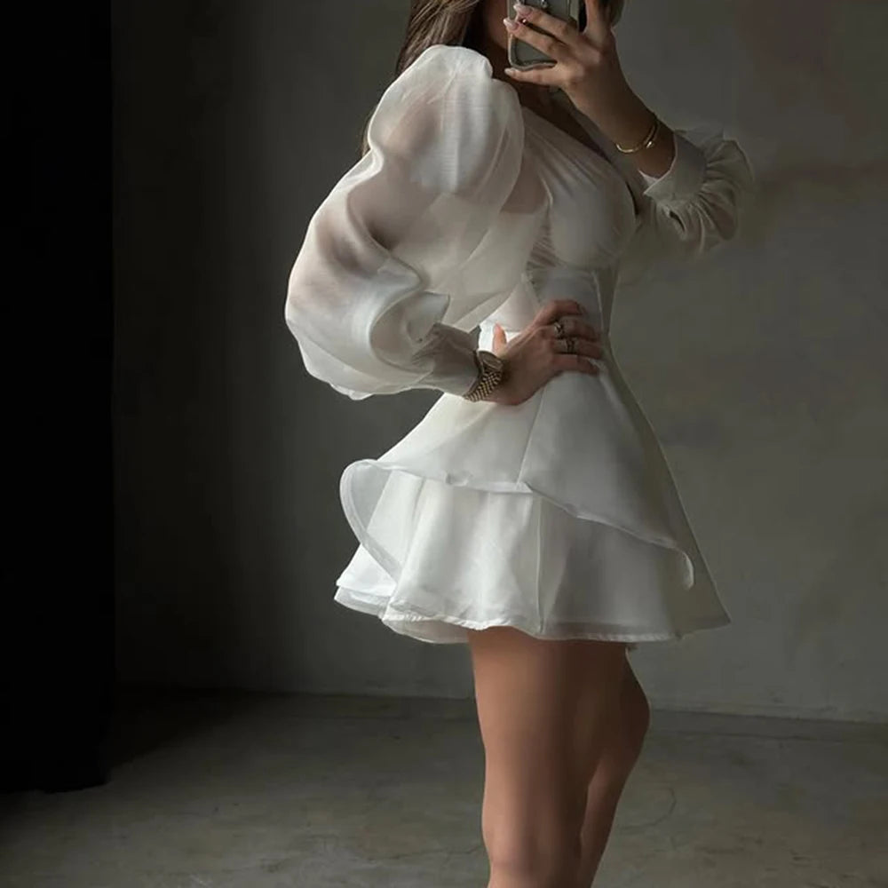 TWOTWINSTYLE Solid Slimming Fashion Dresses for Women V Neck Long Sleeves Patchwork Ruffles Temperament Dress Female Clothing