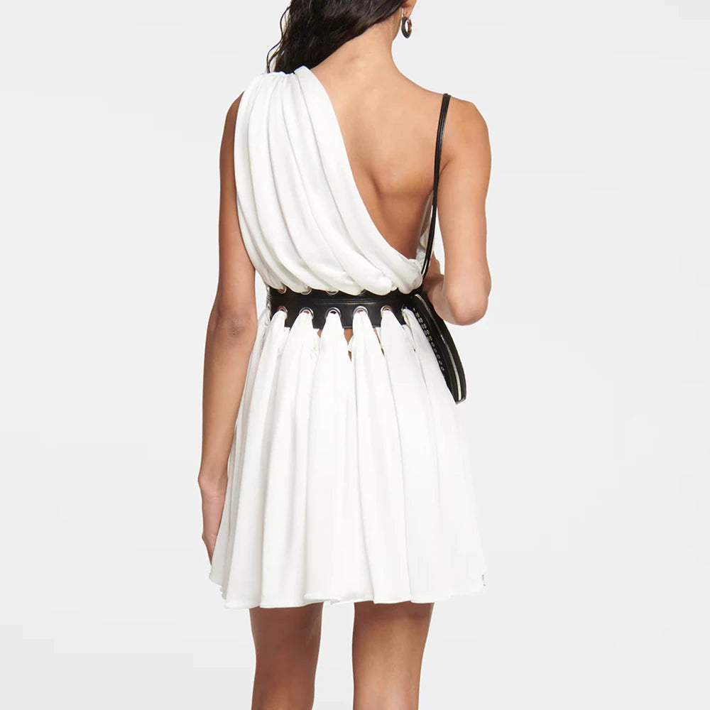 TWOTWINSTYLE Patchwork Leather Chic Dresses For Women Diagonal Collar Sleeveless High Waist Hollow Out Mini Dress Female Style
