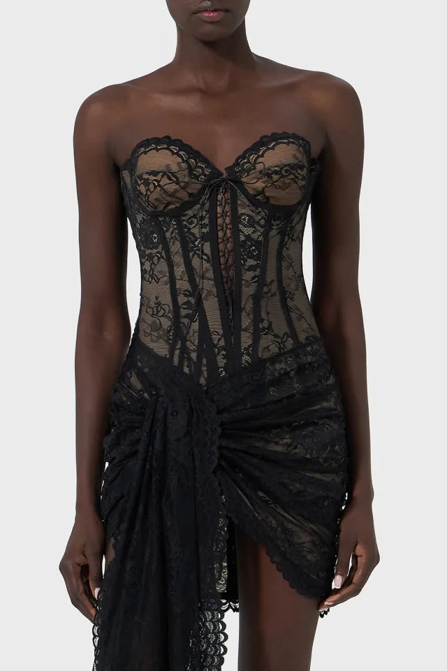 Top Quality Women Sexy Strapless Lace Bodycon Draped Mini Dress Celebrity Red Carpet TV Show Performance Stage Wear