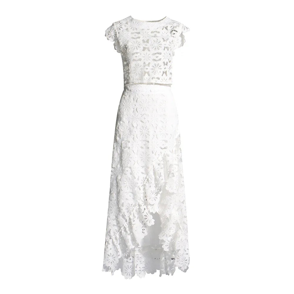 TWOTWINSTYLE Hollow Out Embroidery Two Piece Set For Women Round Neck Sleeveless Top High Waist Split Skirts Elegant Sets Female