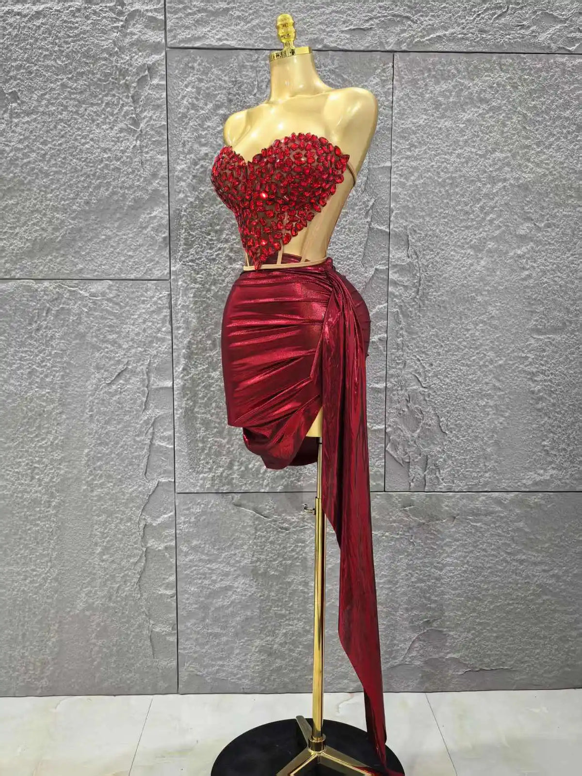 Shinning Red Crystal Women Sexy Strapless 2 Pieces Bodycon Mini Dress Nightclub Party Celebrate Birthday Photo Shoot Wear