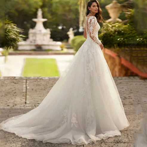 Exquisitos vestidos de novia con cuello en V para mujer ilusión espalda vestido de novia apliques A-Line Hochzeitskleider Damen Große größe 