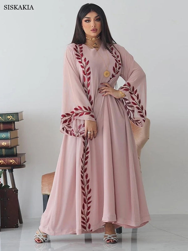 Fashion Chiffon Floral Embroidered Abaya Hijab Dress for Women Pink V Neck Long Sleeve Loose Arabic Muslim Dubai Moroccan Caftan