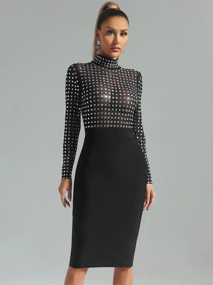 est Women Celebrity Sexy Turtleneck Rhinestone Black Midi Bodycon Bandage Dress Elegant Evening Club Party Dress