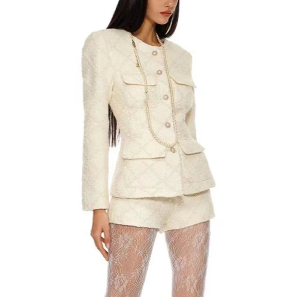 TWOTWINSTYLE Solid Temperament Two Piece Sets For Women O Neck Long Sleeve Coat High Waist Shorts Elegant Set Female Fashion New