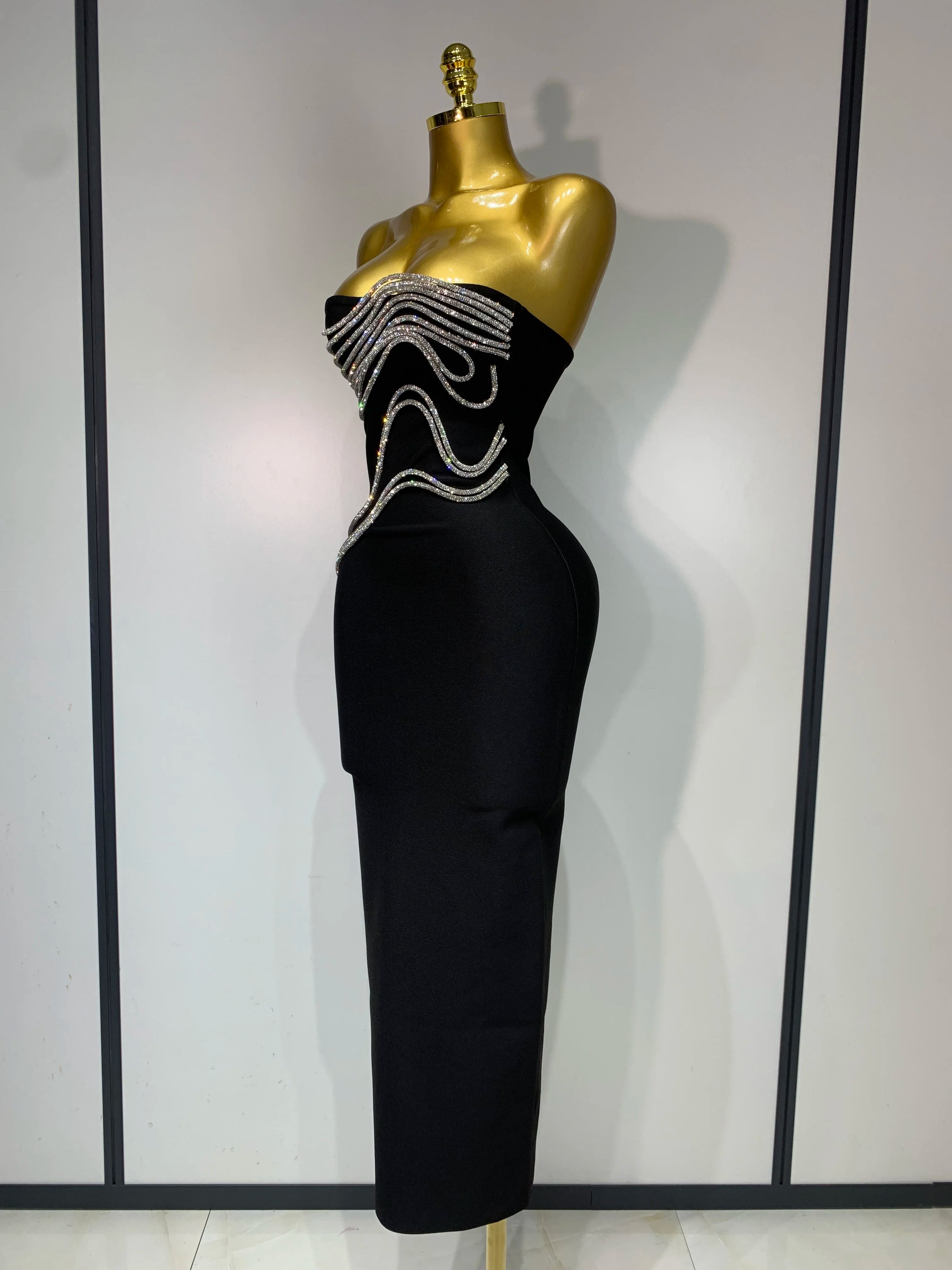Women Sexy Strapless Diamond Lines Bodycon Bandage Long Dress Celebrity Red Carpet Dress Elegant Evening Birthday Party Dresses