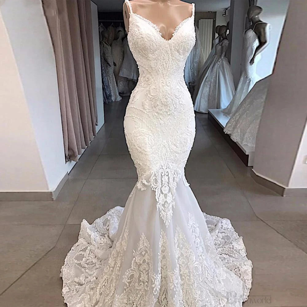 Vestido de novia elegante de alta costura con tirantes finos bordado blanco, vestido de novia largo hasta el suelo con apliques de sirena