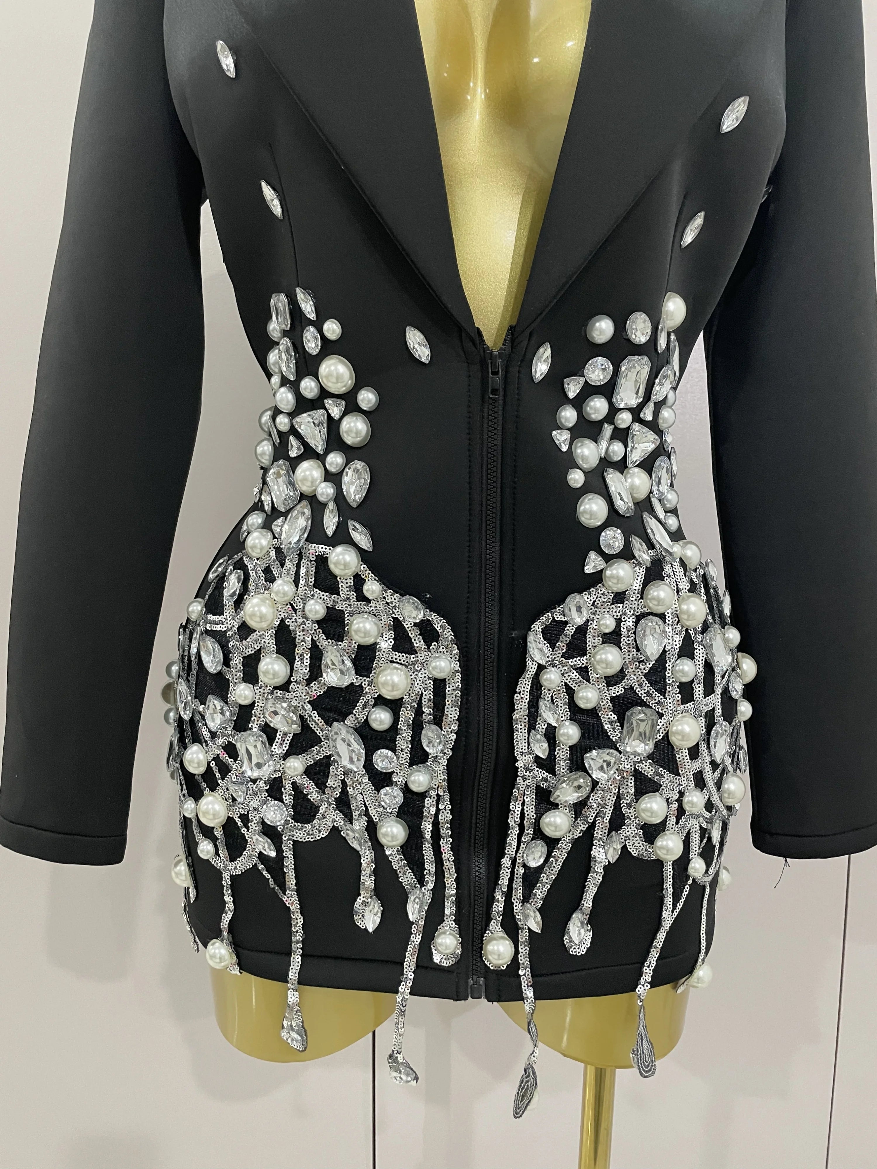 2025 Sparkly Crystal Chains Pearls Long Sleeve Mini Dress Women Birthday Evening Party Nightclub Outfit Singer Wedding Costume