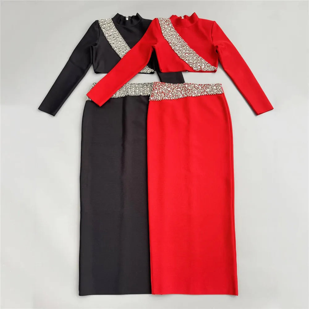 2025 New Black Red Women Long Sleeve Shinning Diamond 2 Pieces Bodycon Bandage Long Dress Elegant Normal Evening Party Outfit