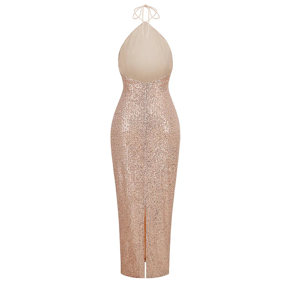 Shinning Sequins Women Sexy Halter Off the SHoulder Bodycon Slim Long Dress Fashion Celebrate Evening Party Cocktail Dress