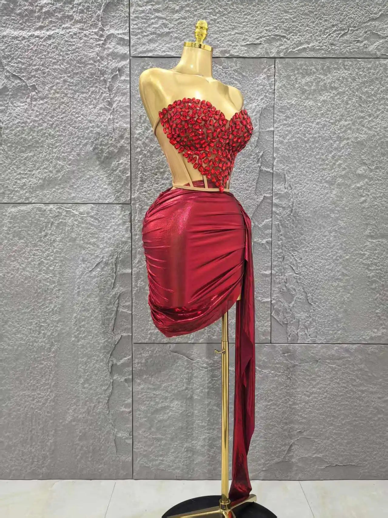 Shinning Crystal Women Sexy Strapless Laced-up 2 Pieces Bodycon Mini Dress Celebrate Nightclub Party Bar Singer Stage Wear