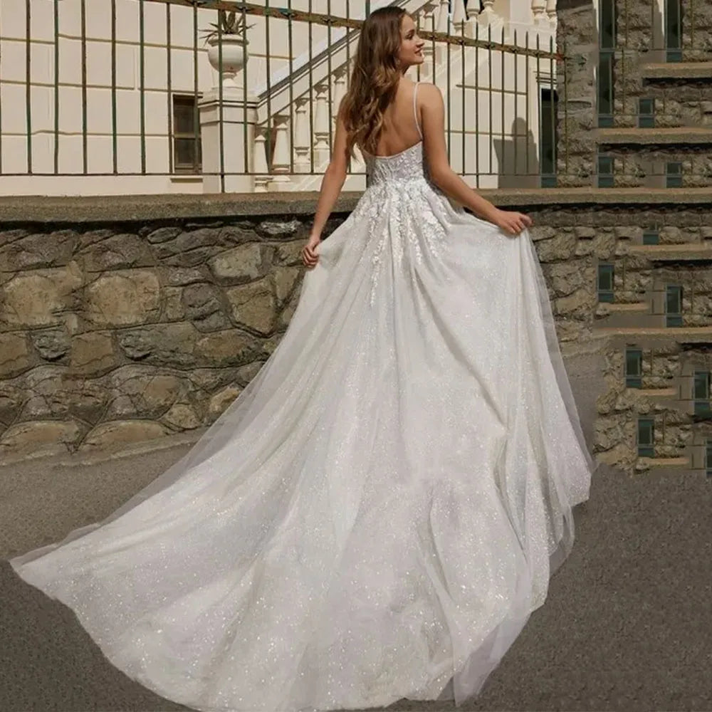 LoveDress Spaghetti Straps Sweetheart Wedding Dress With High Side Split Sparkle Sexy Backless Bride Gown A-Line Robe De Mariée