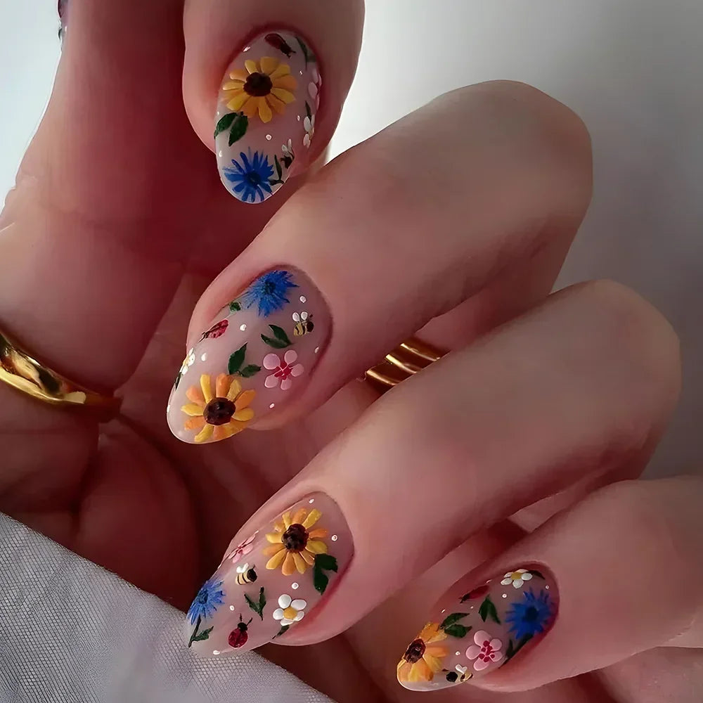 24Pcs Autumn Winter Matte Almond False Nails with Glue Rose Leaf Printing Nail Art Simple Full Cover Press on Acrylic Nails Tips