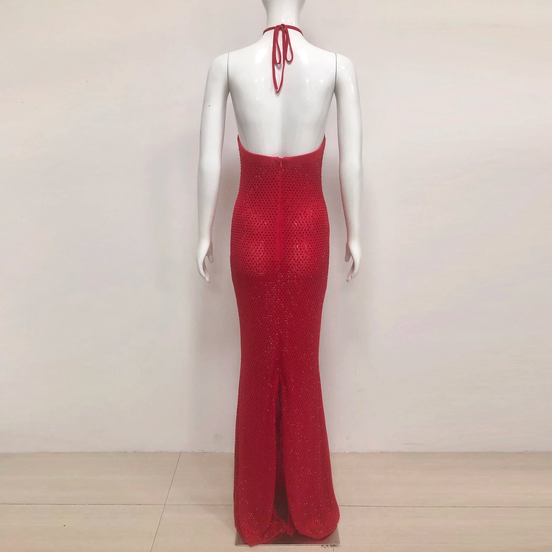 Shinning Rhinestones Women Sexy Halter Backless Bodycon Long Dress Celebrate Fashion Evening Party Birthday Christmas Outfit