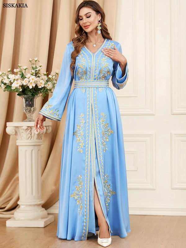 Fashion Ethnic Muslim Woman Abaya 2 Piece Set Moroccan Caftan Solid Embroidery Full Sleeve V-Neck Sashes Turkish Robe