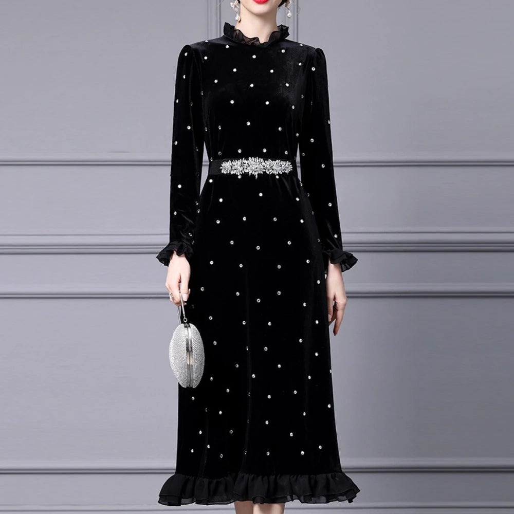 TWOTWINSTYLE Solid Slimming Spliced Wave Point Elegant Dresses for Women Round Neck Long Sleeves Patchwork Bead Dress Female New