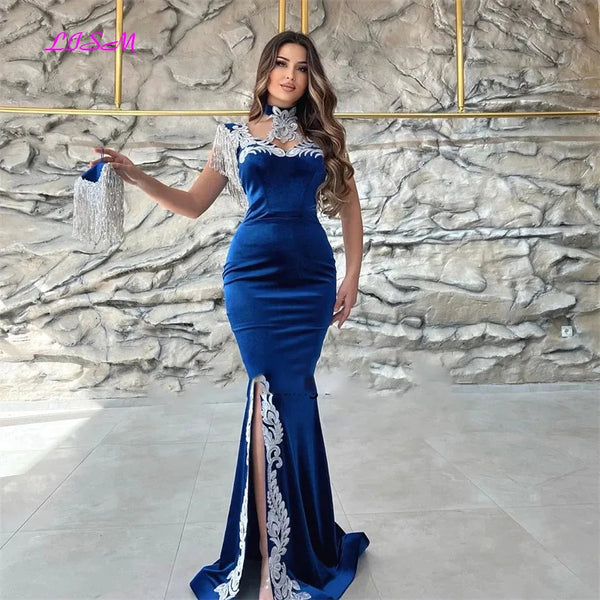 Moroccan Caftan Evening Dress Appliques Lace Cap Sleeve Royal Blue Mermaid Slit Velvet Arabic Prom Gowns Party Dress 2023