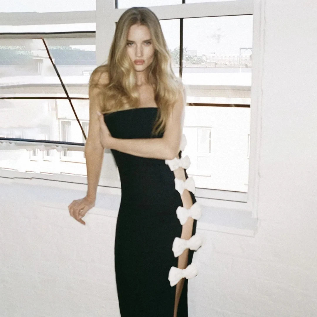 Black Color Women Sexy Strapless Side Bow Hollow Out Bodycon Bandage Midi Dress Nightclub Party Celebrate Evening Dress