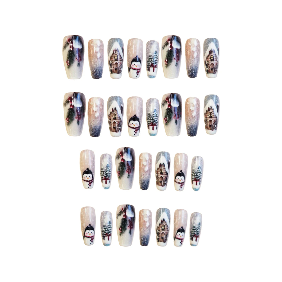 30Pcs Christmas Fake Nails With Penguin/Snowflake/Xmas Tree Designs Ballerina Press On Nails Women New Year Party False Nails