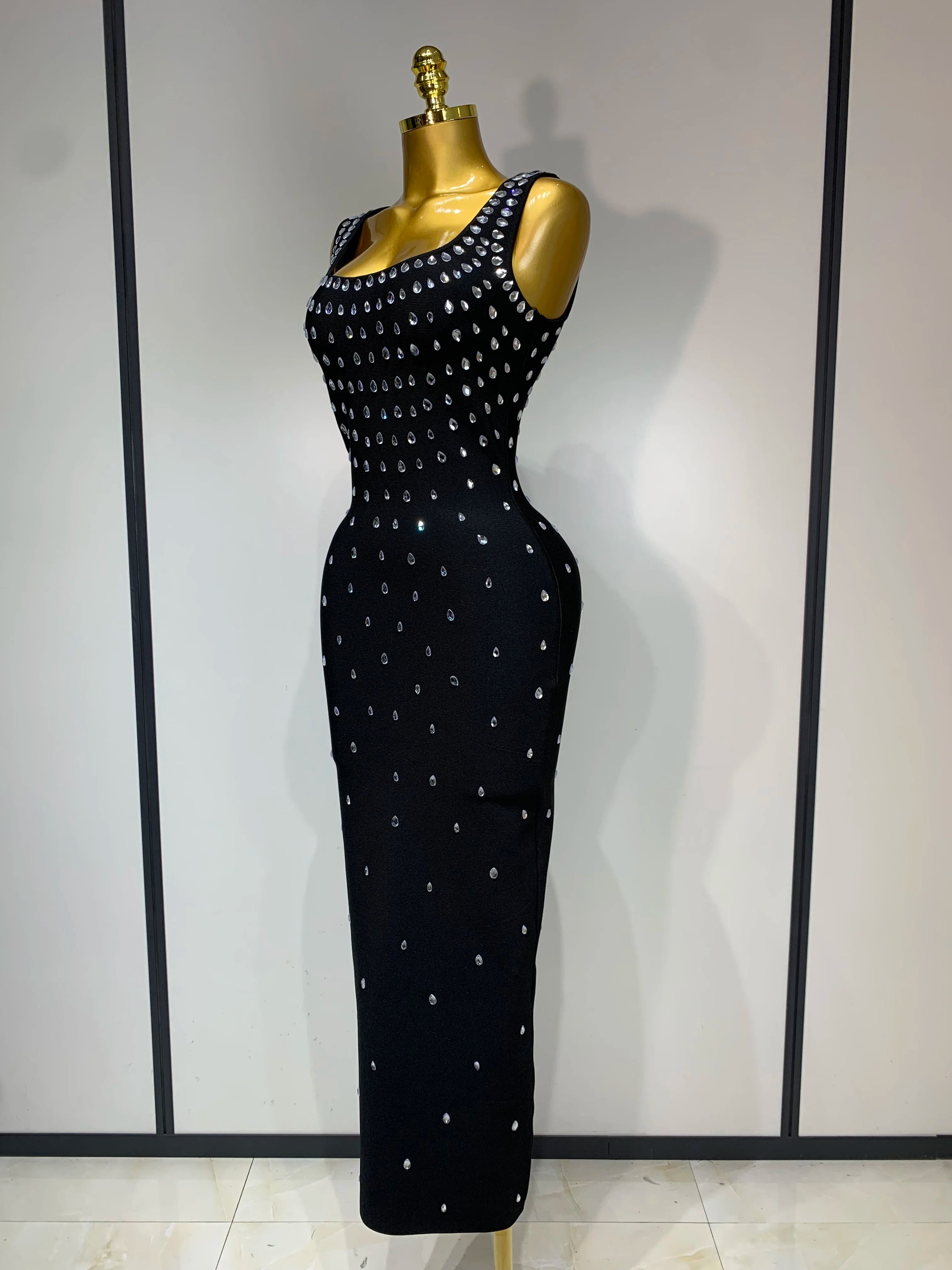 Luxury Rhinestone Bandage Long Dress Elastic Sleeveless Bodycon High Street Evening Club Party Elegant Birthday Prom Gowns