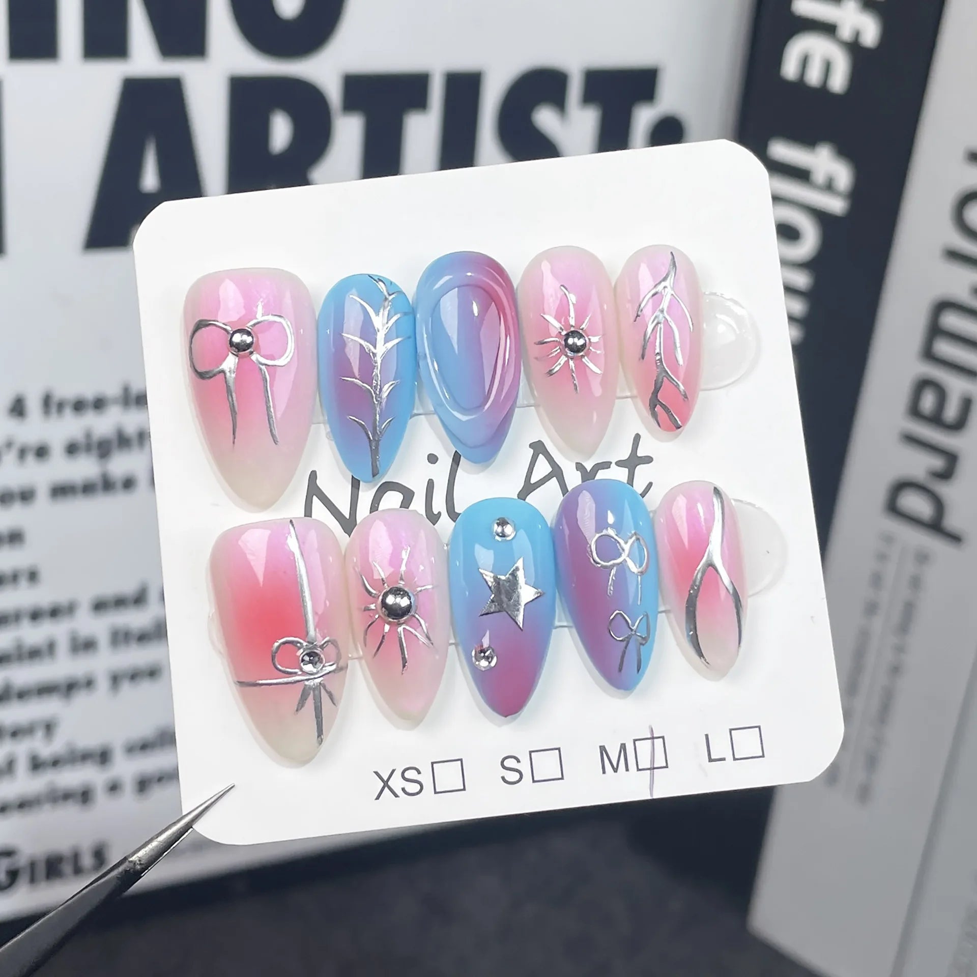 10Pcs Y2K Sweet Cool Almond Handmade Gel Nails with Glue Metallic Bow Nail Design 3D Blue False Nails Press on Acrylic Nail Tips