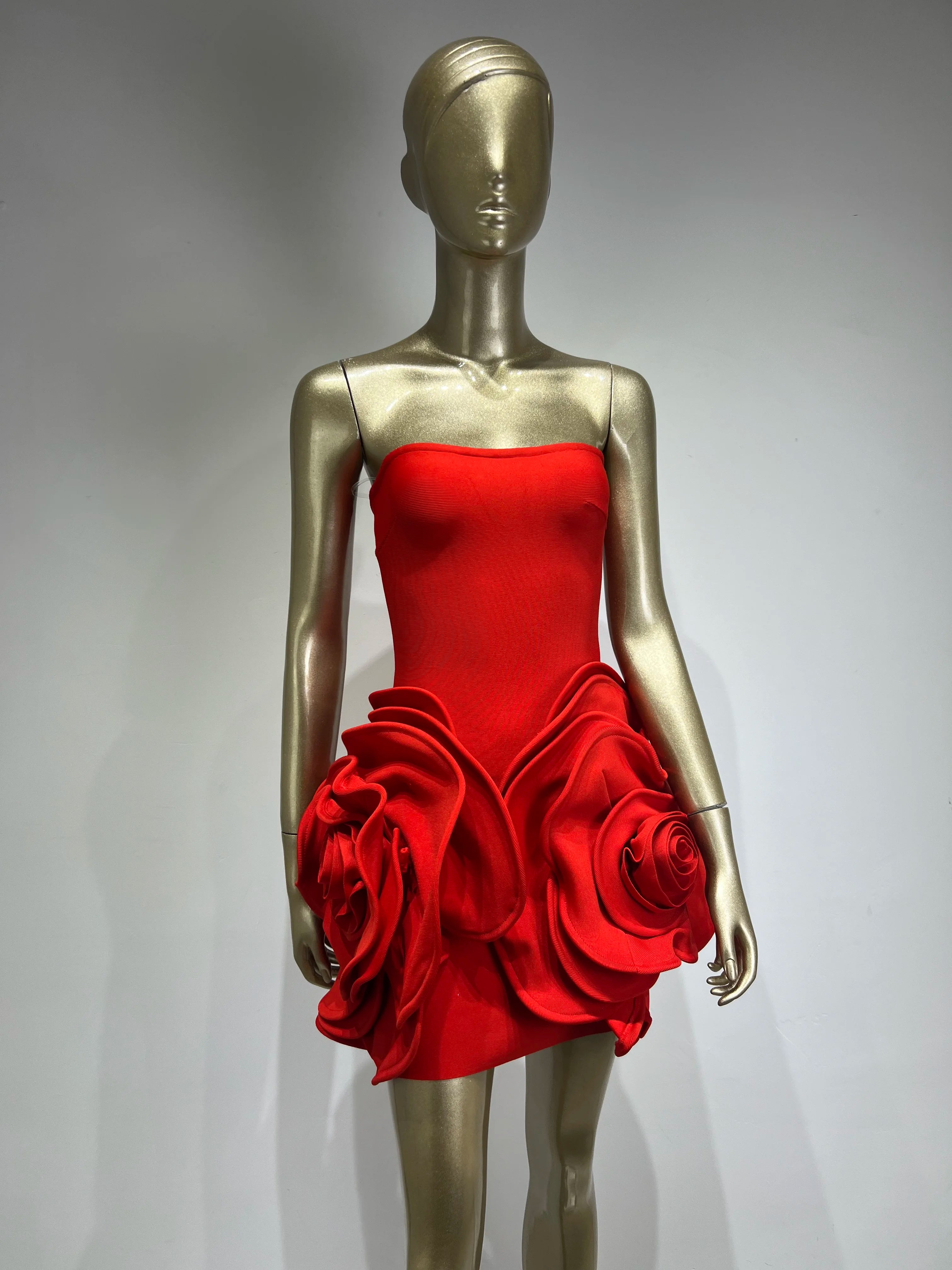 Women Celebrity Sexy Strapless Backeless Red Flower Mini Bodycon Bandage Dress Elegant Evening Club Party Dress