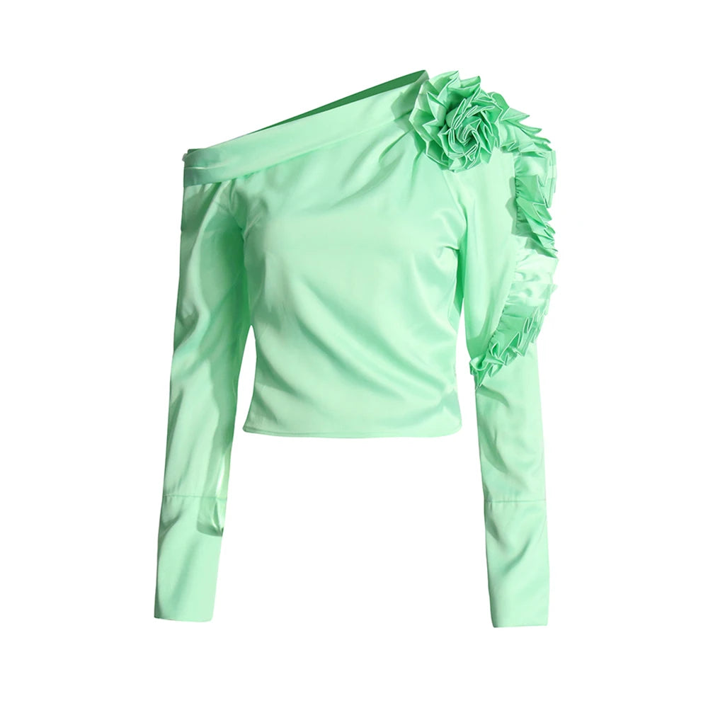 TWOTWINSTYLE Patchwork Appliques Asymmetrical Blouse For Women Diagonal Collar Long Sleeve Solid Pullover Shirts Female Fashion