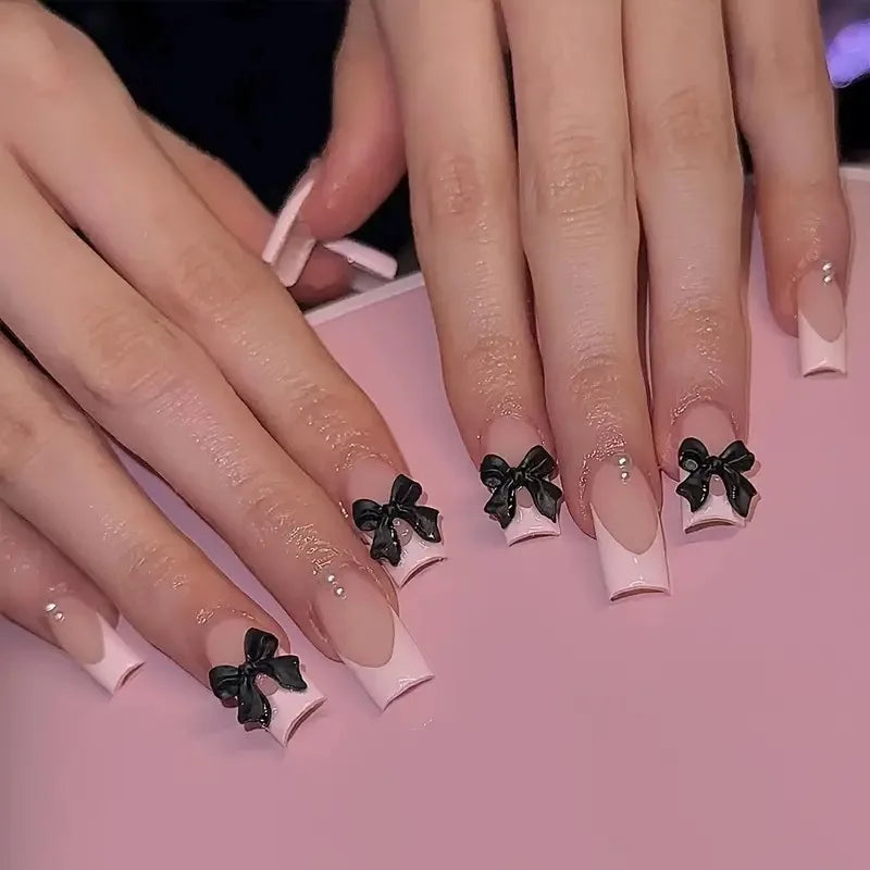 Black French Tips Press on Nails 3D White Bowknot Alloy Stars Designs Fake Nails Ballet Charms False Nails Korean Manicure 24Pcs