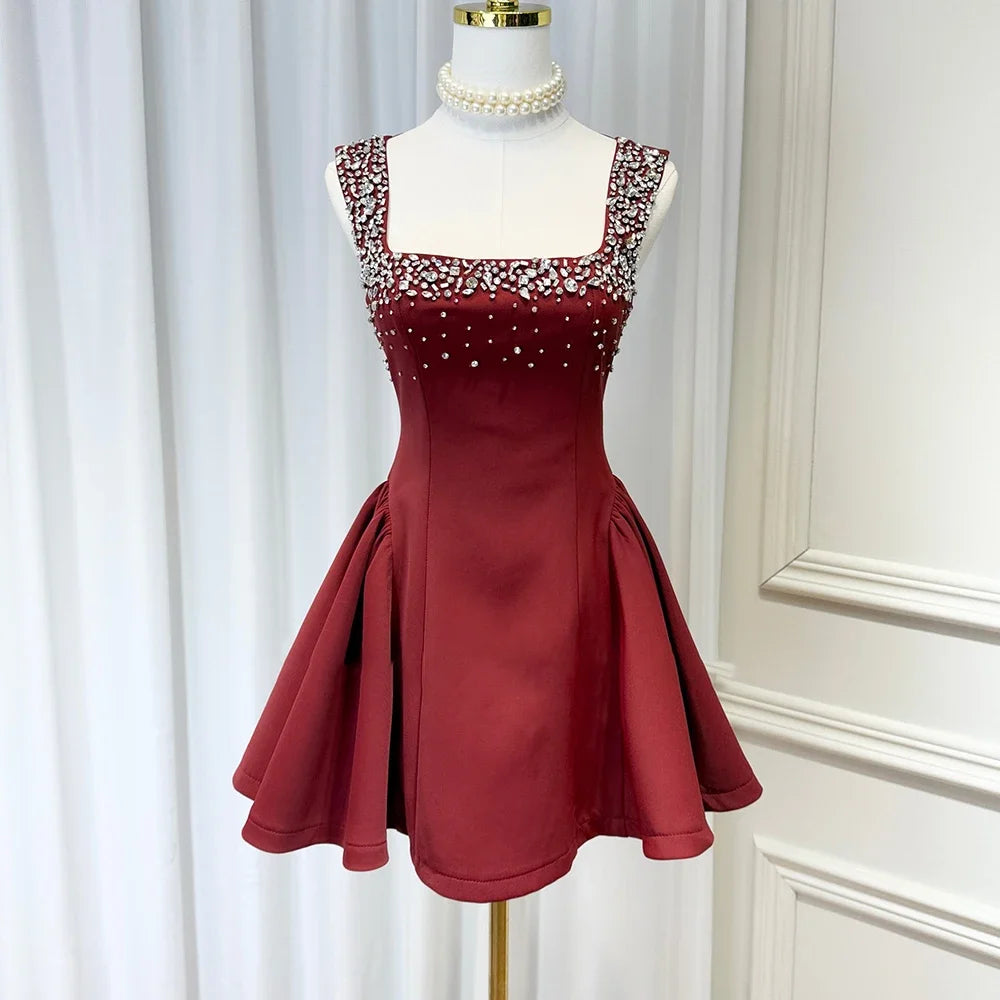 TWOTWINSTYLE Solid Slimming Fashion Dresses for Women Square Neck Sleeveless Patchwork Diamonds Tunic Dress Female Clothing New