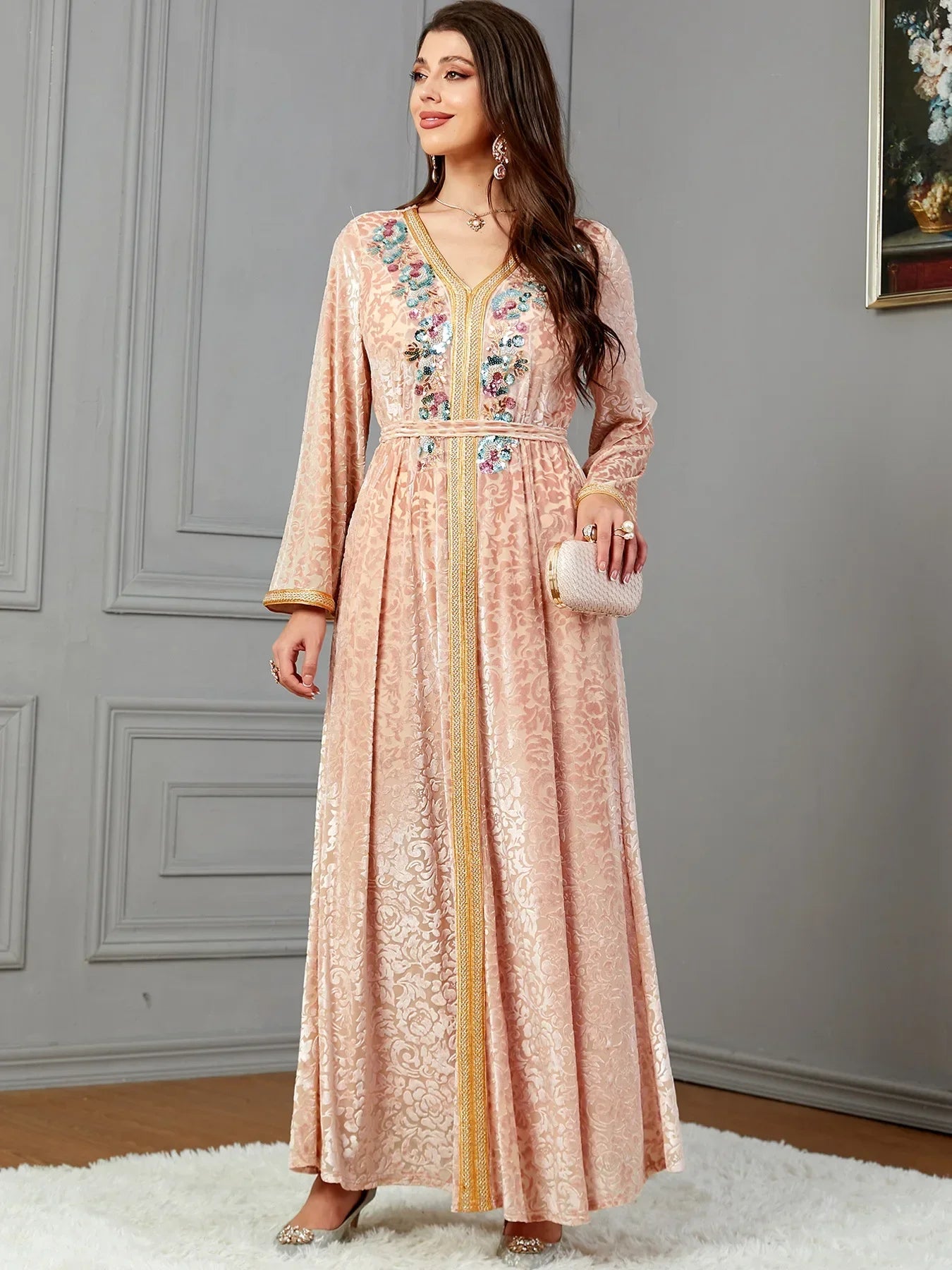 Dubai Autumn Winter Velvet Sequins Belted Evening Party Dress Jalabiyat Moroccan Caftan For Women Saudi Muslim Gown