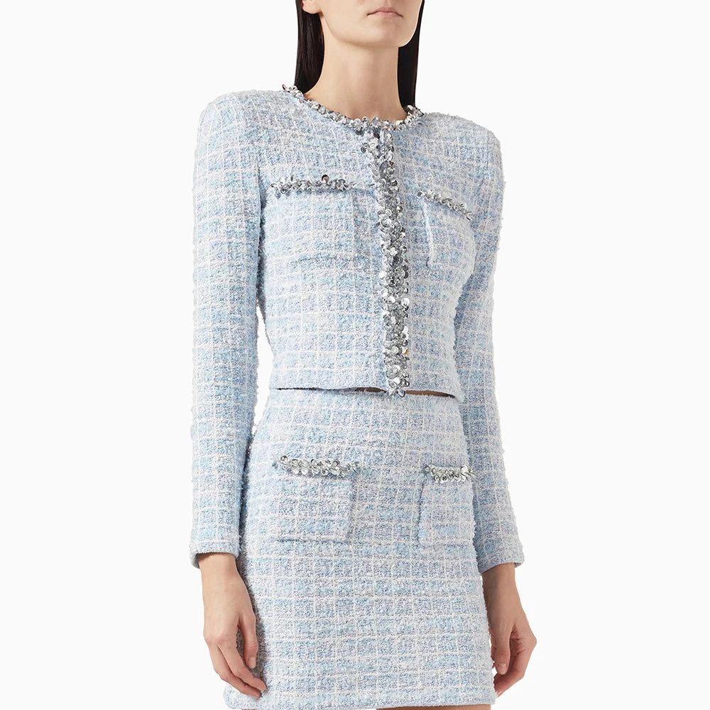 TWOTWINSTYLE Two Piece Sets for Women Round Neck Long Sleeves Spliced Diamonds Top High Waist Patchwork Pockets Skirt Female New