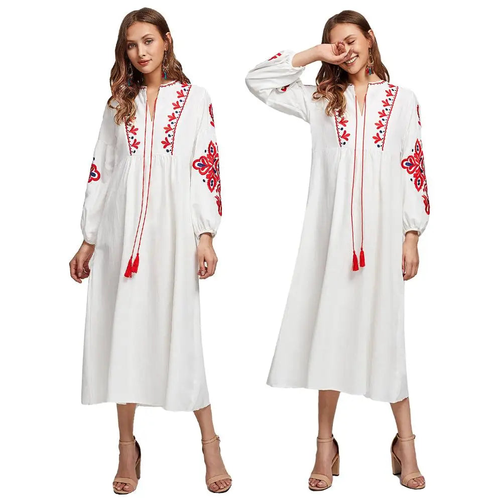 Ukrainian Embroidered Dress Vyshyvanka Lace UP Boho Ethnic Summer Ladies Women Hippie Dresses Hoilday Fashion YLTZ1007 White One Size