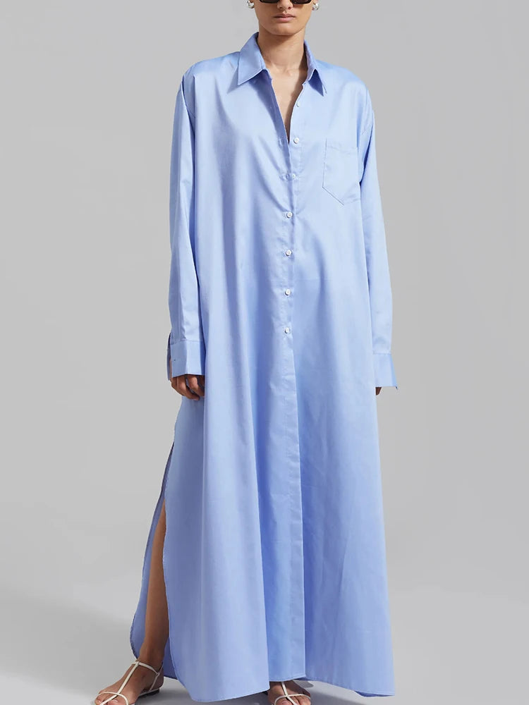 TWOTWINSTYLE Solid Minimalist Split Dresses For Women Lapel Long Sleeve High Waist Patchwork Single Breasted Loose Dress Female