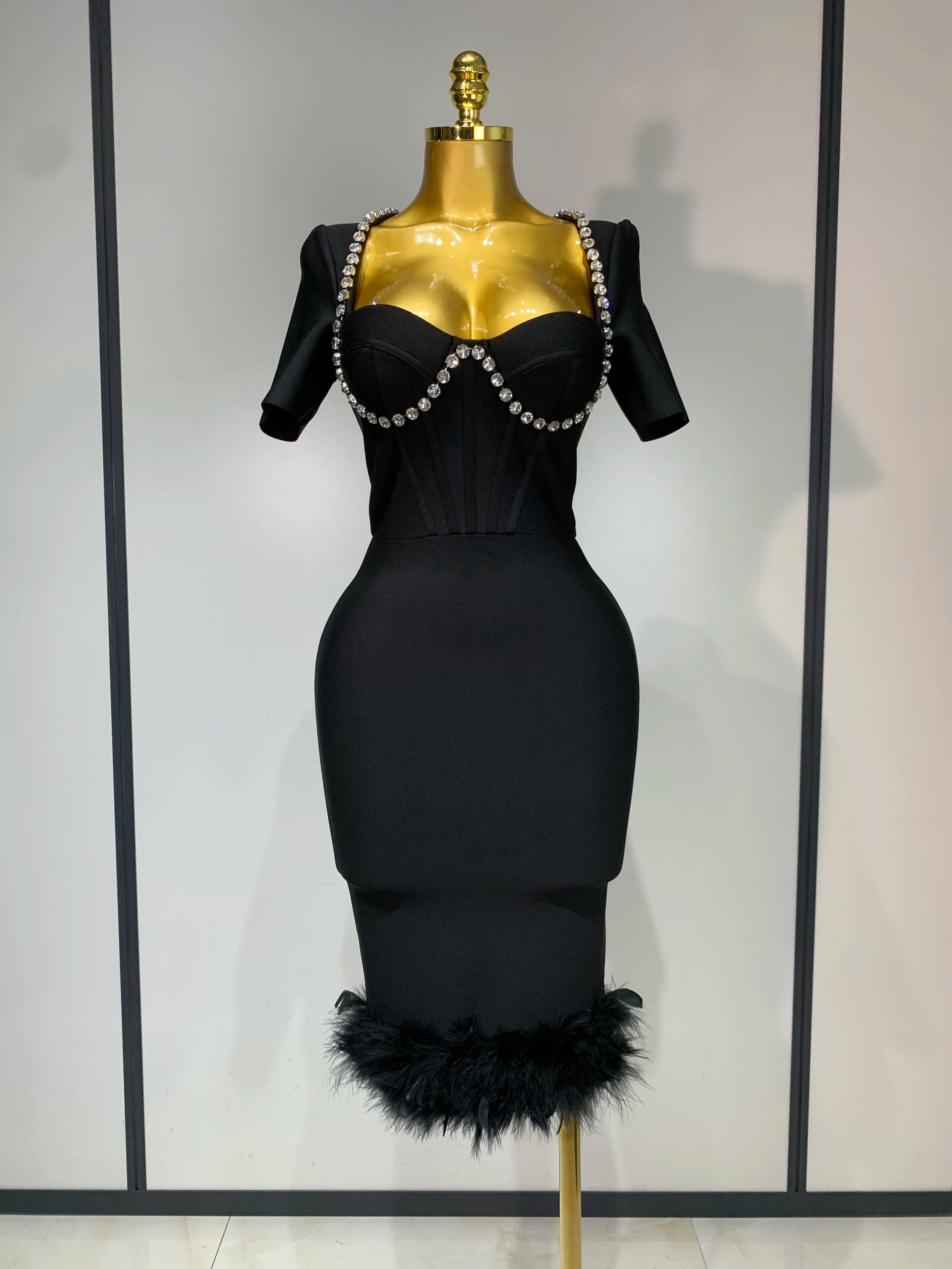 Women Sexy Luxury Rhinestone Short Sleeve Bodycon Dress 2025 Party Evening Celebrate Birthday Black Bandage Club Prom Gown