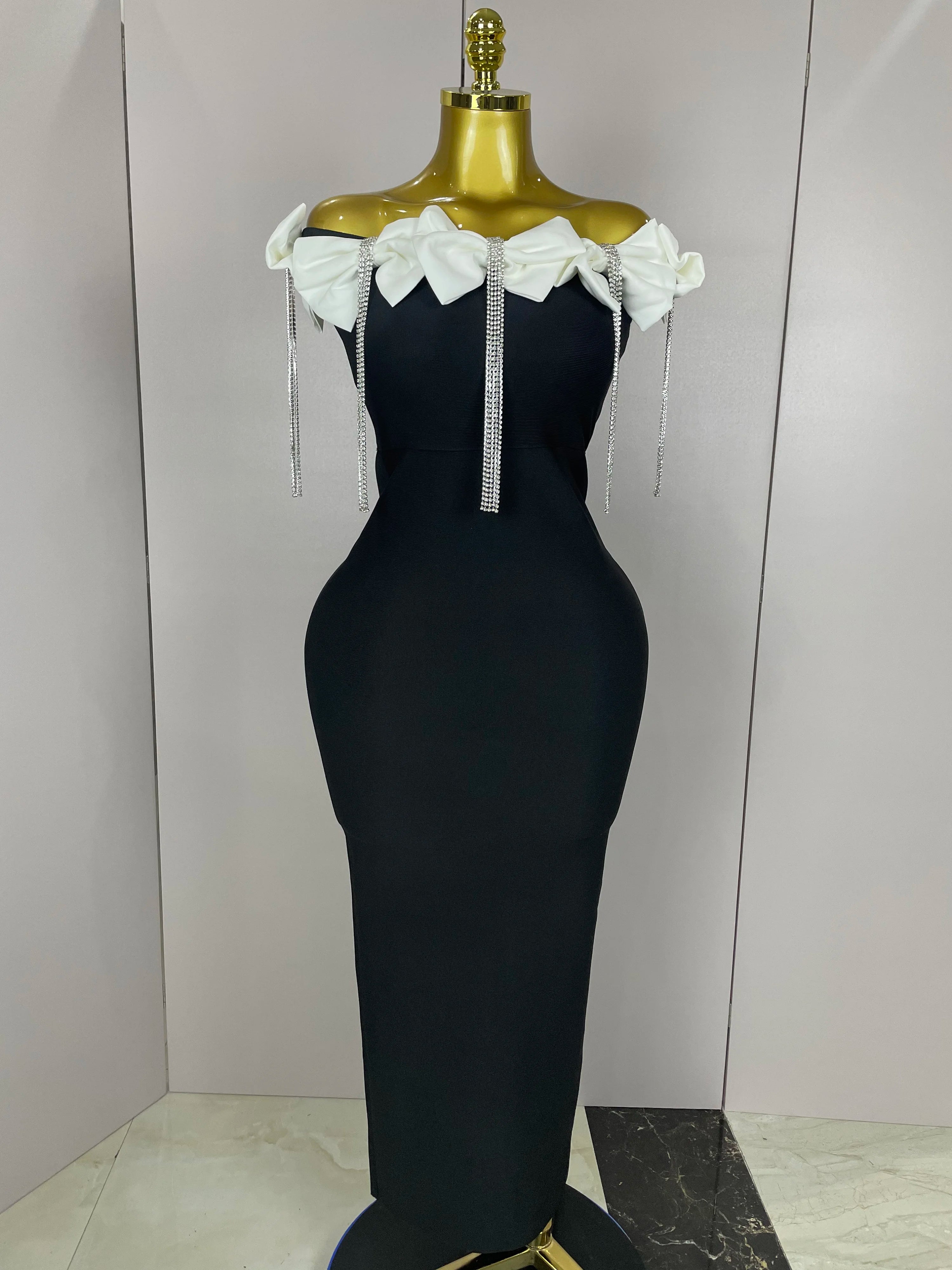 2025 Women Celebrity Sexy Off Shoulder Flower Diamonds Black Bow Tie Maxi Long XL Bandage Dress Elegant Evening Club Party Dress