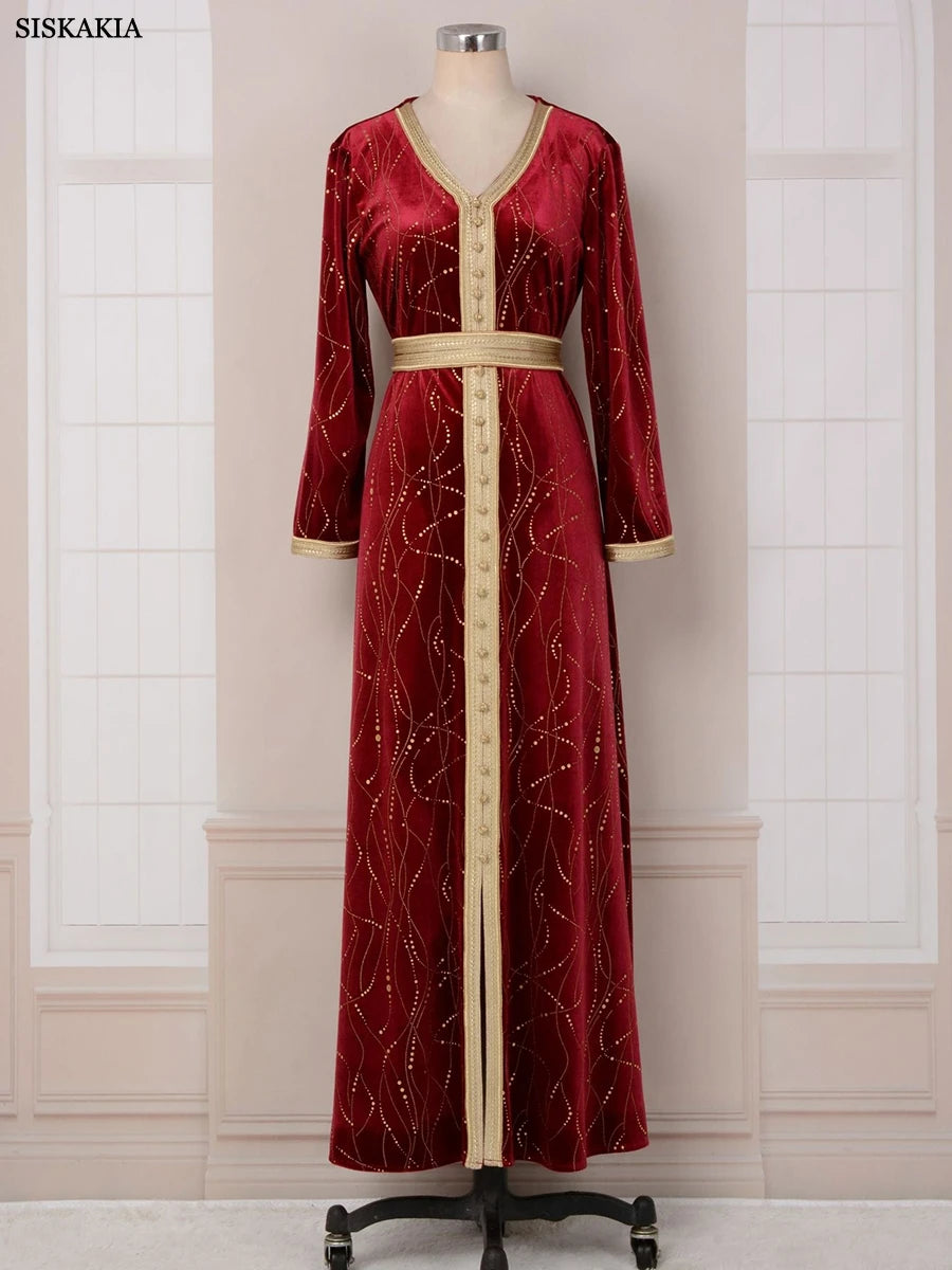 Velvet Autumn Winter Gold Stamping Fashion Red Evening Gown Elegant Long Sleeve V-Neck Abaya With Sashes Muslim Women