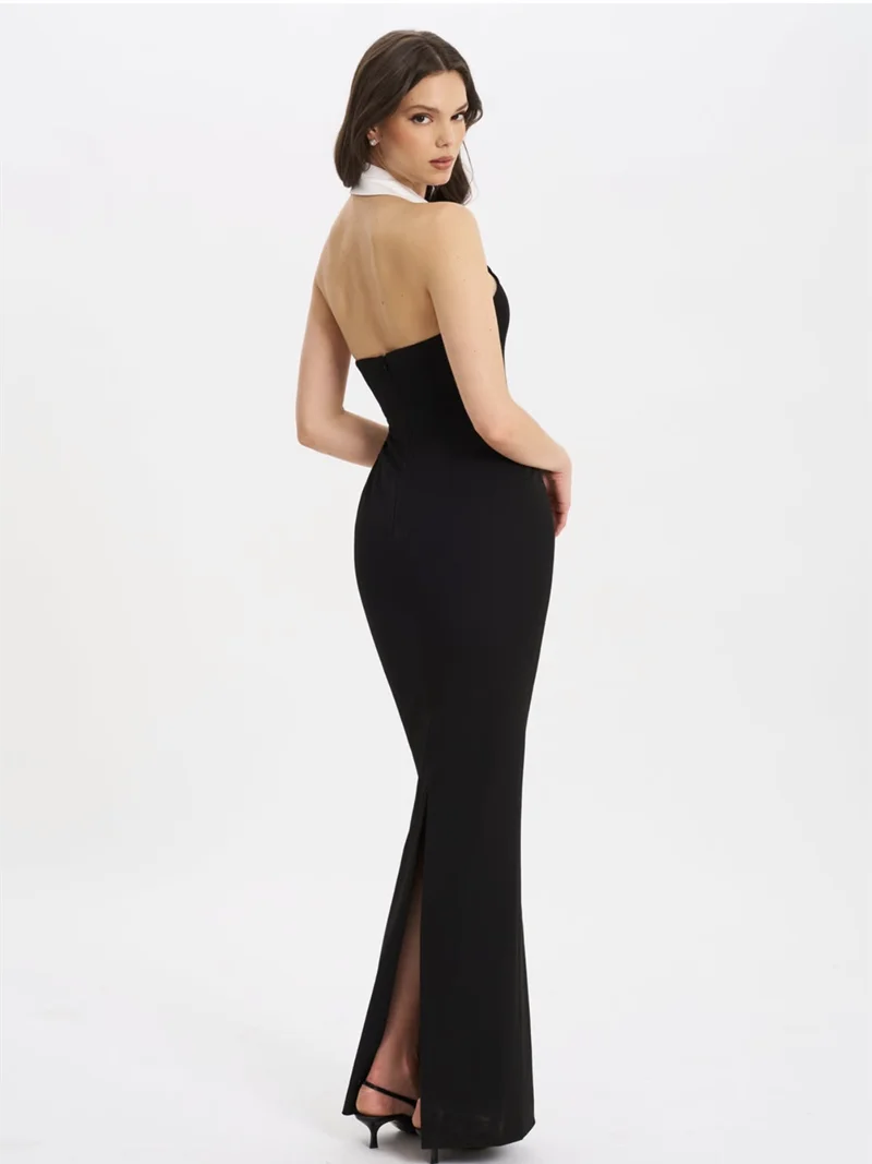2025 New Fashion Women Sexy Off the Shoulder Halter V-Neck Bodycon Long Bandage Dress Elegant Evening Party Cocktail Outfit