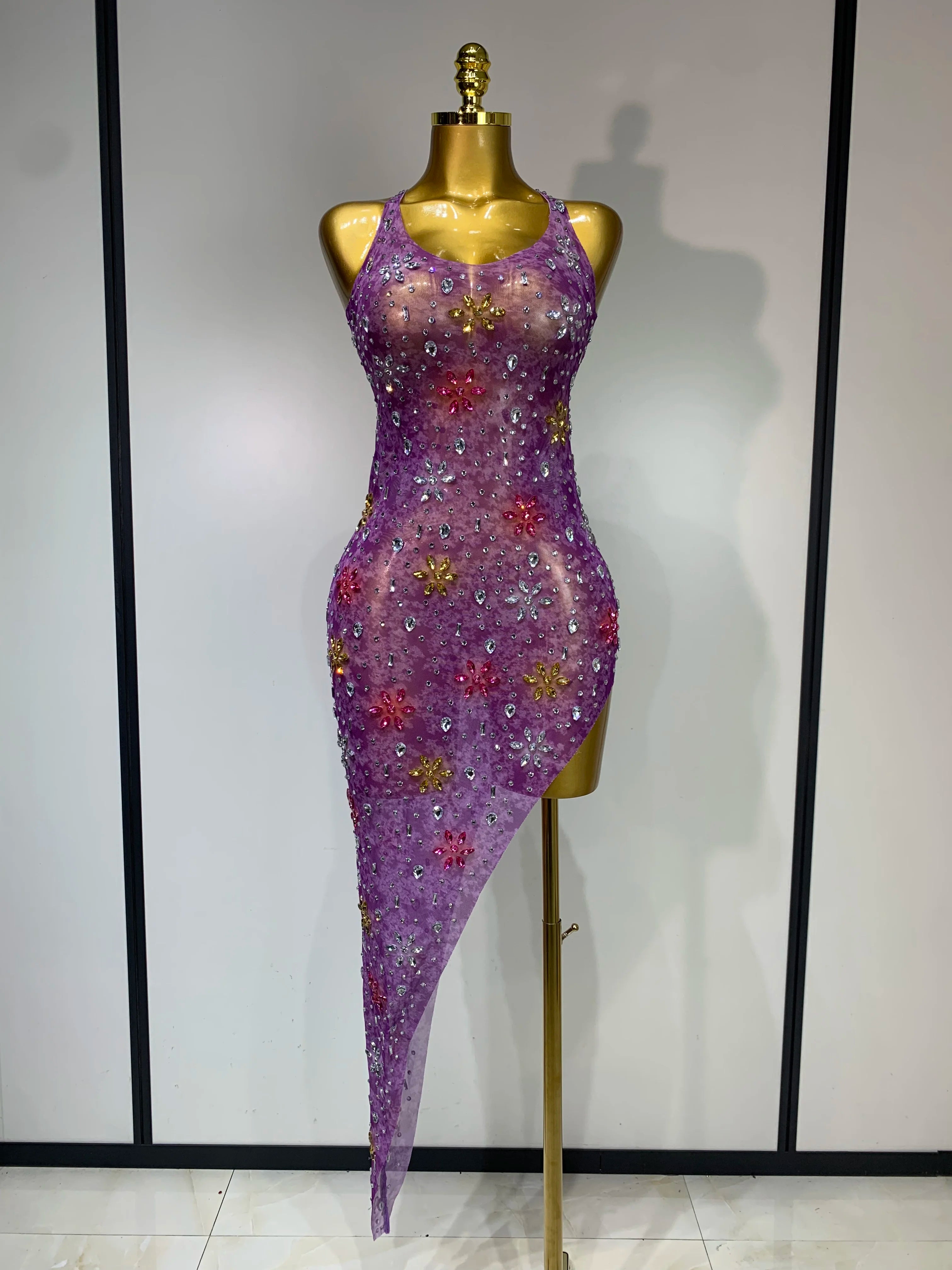 2025 Newest Sexy Mesh High Split Sparkly Diamonds See Through Dress Luxury Birthday Dress Women Celebrate Party Stage Outfit
