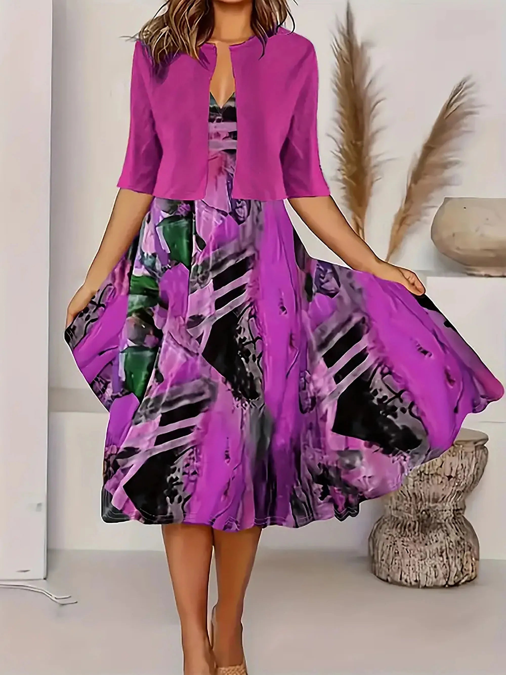 New for summer 2024! Eu-us Fall Women's 2 long Dress Set - floral and grass print crew neck dress with chiffon short coat
